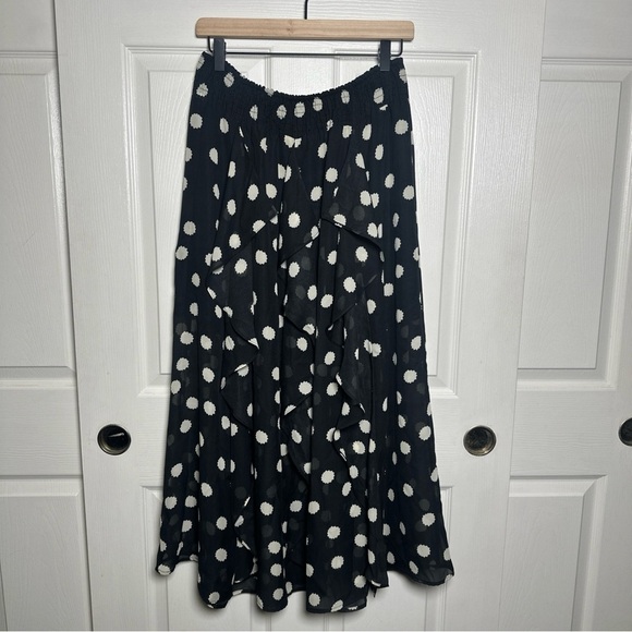 TopShop Women’s Sz 10 Ruffle Black Polka Dot Midi Skirt Maxi Mesh Romantic Boho - Picture 1 of 15